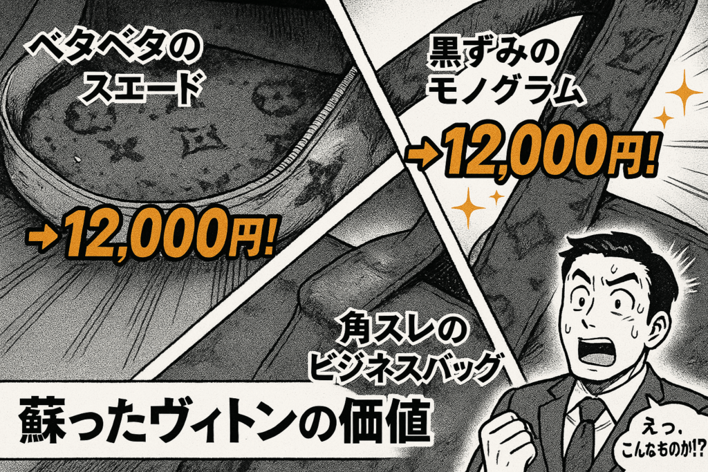 ボロボロのルイ・ヴィトンに12000円の値段がつき驚く男性の漫画