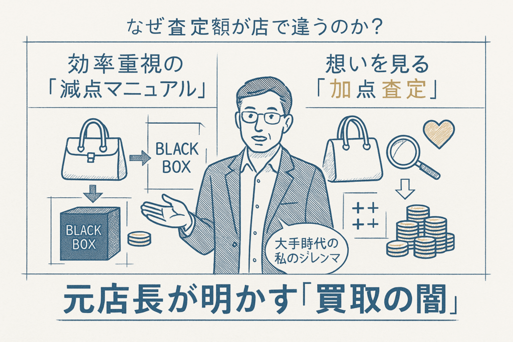 元店長が買取査定における減点方式と加点方式の違いを解説するイラスト