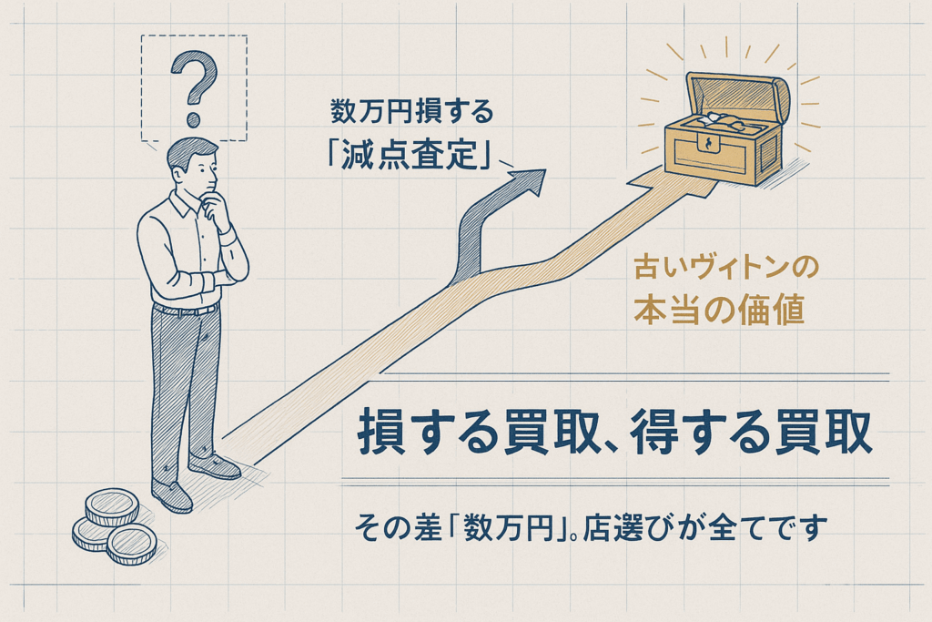 損する買取と得する買取の分かれ道で悩む男性のイラスト