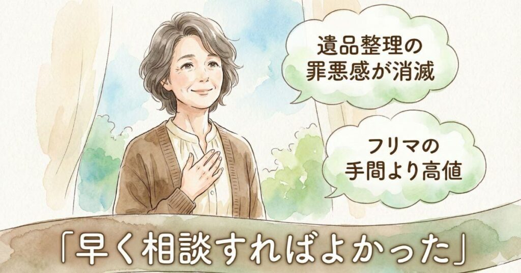 遺品整理の罪悪感が消滅しフリマの手間より高値がついたため早く相談すればよかったと胸に手を当てて安心している女性のイラスト