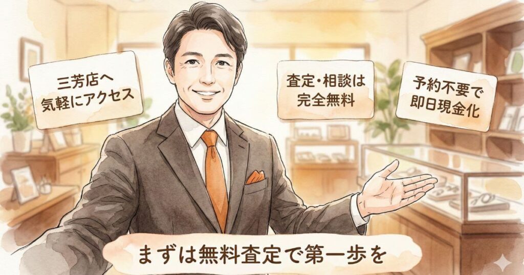 三芳店へ気軽にアクセスでき査定相談は完全無料で予約不要の即日現金化が可能と案内するスーツ姿の男性とまずは無料査定で第一歩をというメッセージ