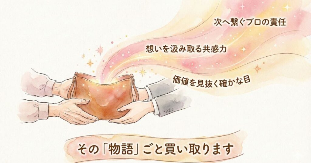 依頼者からプロへ革のバッグが手渡されているイラスト その物語ごと買い取りますという文字と次へ繋ぐプロの責任 想いを汲み取る共感力 価値を見抜く確かな目という3つの特徴が書かれている