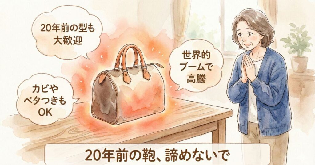 机の上で輝く茶色のバッグを見て手を合わせて喜ぶ女性のイラストで20年前の型も大歓迎や世界的ブームで高騰やカビやベタつきもOKの吹き出しと20年前の鞄、諦めないでの文字が書かれている