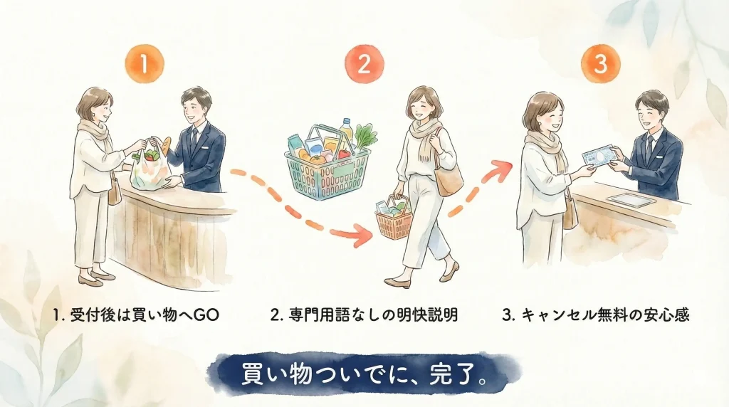 買い物ついでに、完了というメッセージとサービスの3つの特徴、1受付後は買い物へGO、2専門用語なしの明快説明、3キャンセル無料の安心感が描かれたイラスト