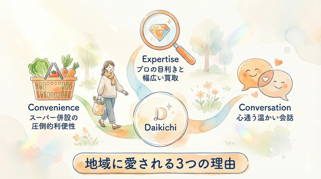 Daikichiが地域に愛される3つの理由としてスーパー併設の圧倒的利便性とプロの目利きと幅広い買取および心通う温かい会話を紹介するイラスト