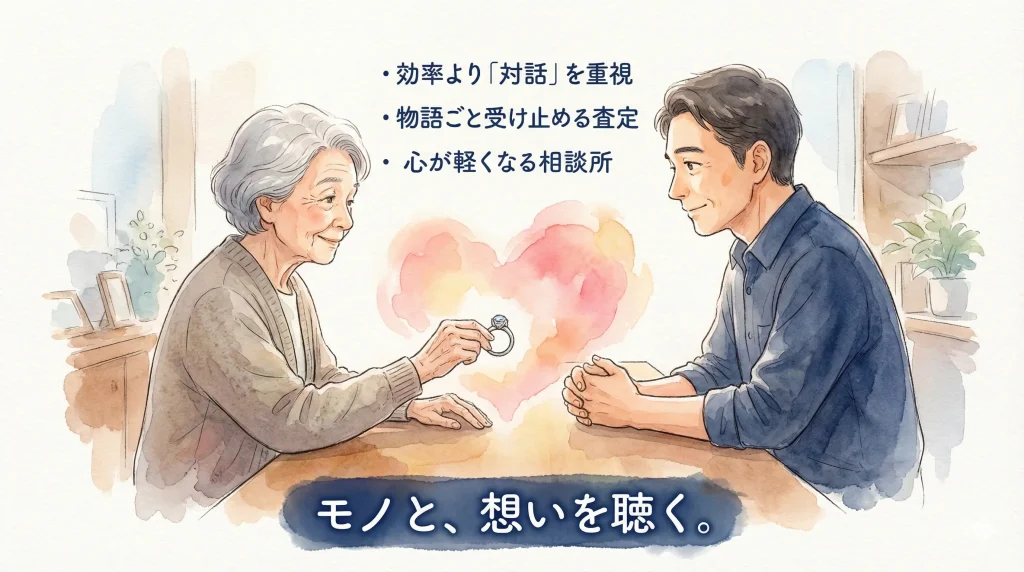指輪を持つ年配女性と男性相談員が向かい合う水彩画風のイラストで、効率より対話を重視などの特徴とモノと想いを聴くという言葉が書かれている