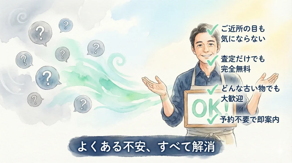 エプロン姿の男性が笑顔でOKの看板を掲げよくある不安すべて解消と伝えているイラストにはご近所の目も気にならないことや査定だけでも完全無料に加えどんな古い物でも大歓迎で予約不要で即案内という特徴が記載されている