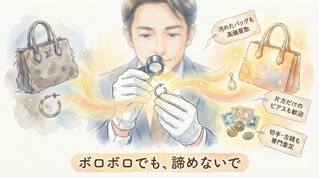 ルーペで品物を査定する男性のイラストの周囲に汚れたバッグも高価買取や片方だけのピアスも歓迎や切手や古銭も専門査定という札がありボロボロでも諦めないでと書かれている