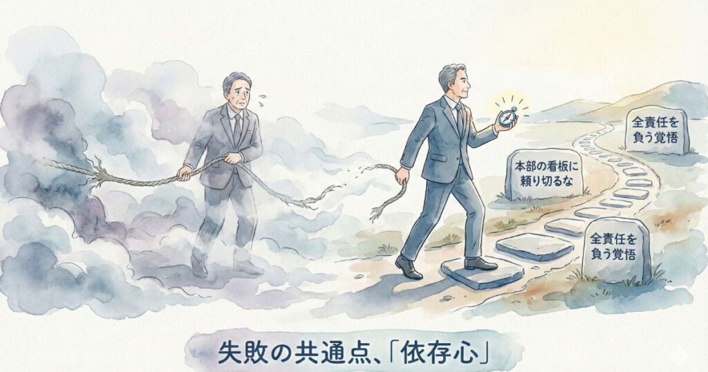 失敗の共通点依存心というテーマで切れたロープを持ち霧の中にいる男性と全責任を負う覚悟や本部の看板に頼り切るなと刻まれた石碑の道を方位磁針を持って進む男性を対比させたイラスト