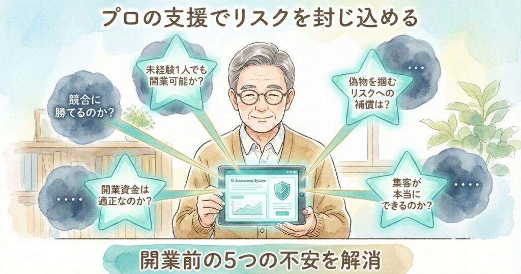プロの支援でリスクを封じ込め開業前の5つの不安を解消するイラスト タブレットを持つ男性とともに競合や未経験や開業資金や偽物を掴むリスクや集客に関する悩みが書かれている