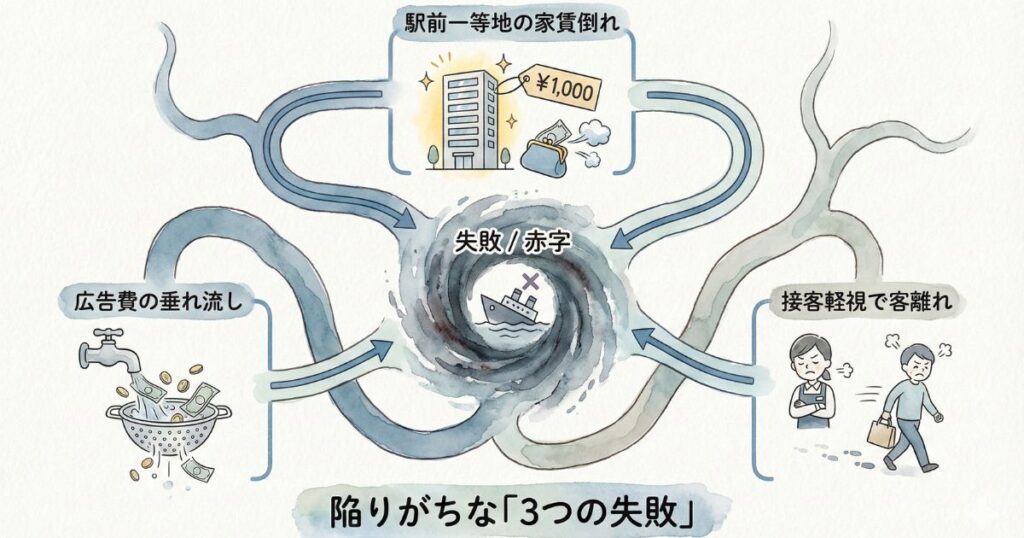 陥りがちな3つの失敗として駅前一等地の家賃倒れと広告費の垂れ流しと接客軽視で客離れが失敗や赤字の渦に流れ込む様子を描いた図解
