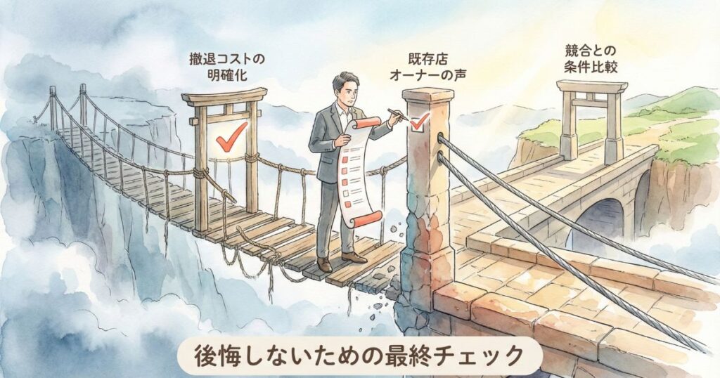 壊れかけた吊り橋から頑丈な石橋へ進む前に撤退コストの明確化や既存店オーナーの声や競合との条件比較を確認して後悔しないための最終チェックを行うスーツ姿の男性