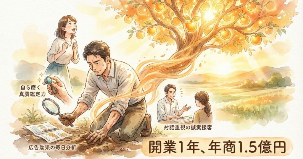 開業1年で年商1.5億円という成果を表すイラストで真贋鑑定力や広告効果の毎日分析や対話重視の誠実接客を通じて金色の実がなる木を育てる男性が描かれている