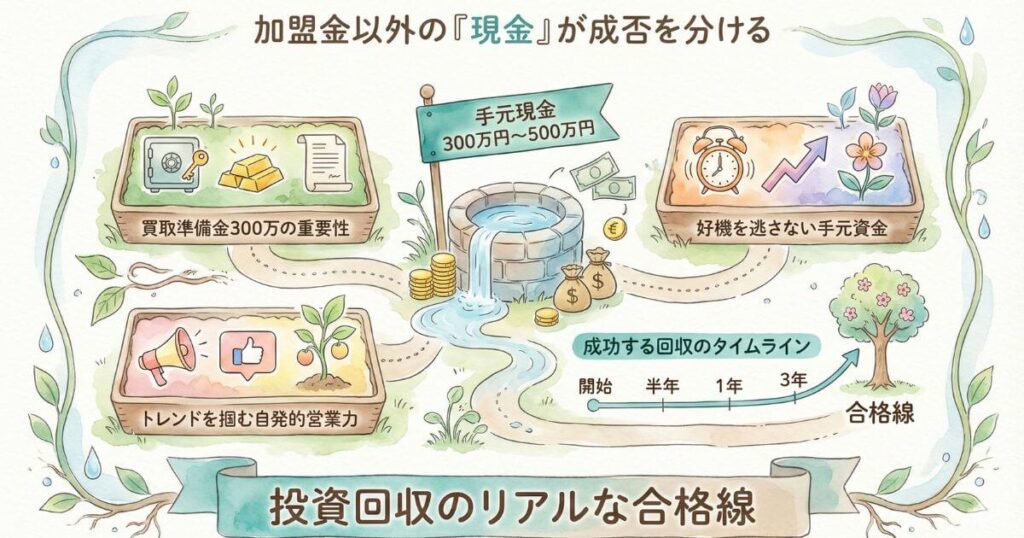 加盟金以外の現金が成否を分ける点と投資回収のリアルな合格線を解説した図解 手元現金300万円から500万円の目安や買取準備金の重要性を示し好機を逃さない資金や営業力に加えて開始から3年での回収合格線となるタイムラインを描いている