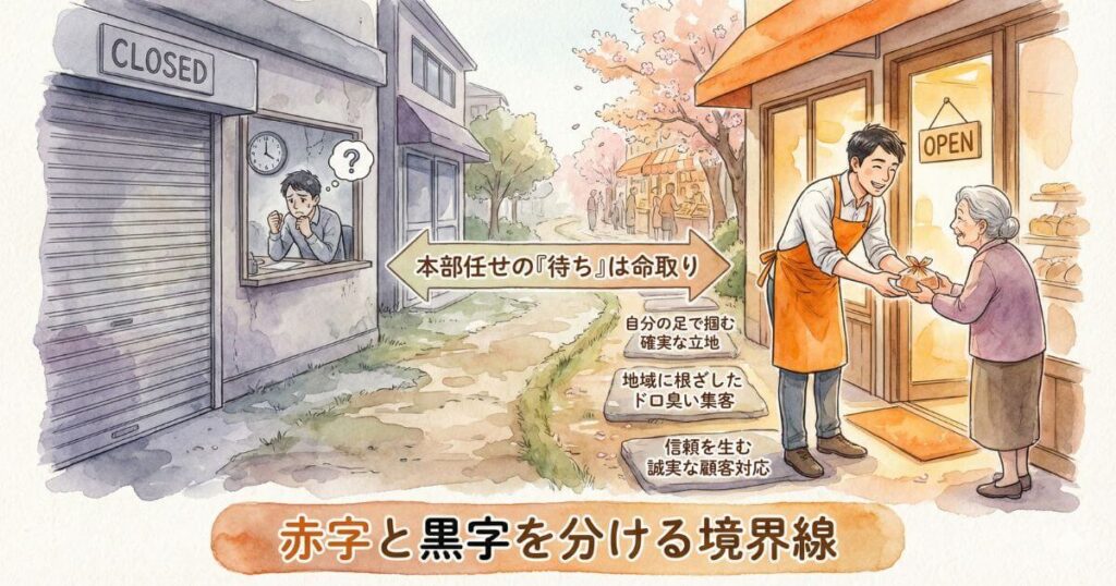 赤字と黒字を分ける境界線と題して本部任せの待ちは命取りとする閉店した店と立地選定や集客や誠実な対応を自ら行い繁盛する店を比較したイラスト