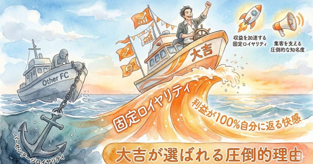 大吉が選ばれる圧倒的理由として他社FCと大吉を船で比較した図 パーセンテージロイヤリティという碇で進まない他社に対し大吉は固定ロイヤリティで利益が100%自分に返るため収益を加速させている