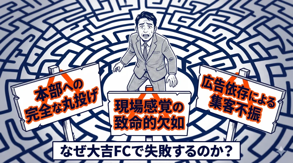 なぜ大吉FCで失敗するのか？という文字とともに、迷路の中心で困惑するスーツ姿の男性と、本部への完全な丸投げや現場感覚の致命的欠如や広告依存による集客不振と書かれた3つの看板が描かれたイラスト