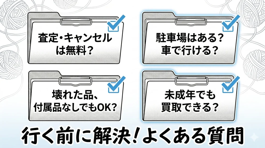 行く前に解決よくある質問として、査定やキャンセルの無料対応、駐車場の有無、壊れた品や付属品がない状態での買取、未成年でも買取できるかについてまとめた画像
