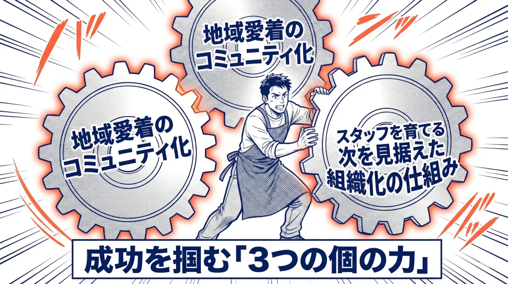 成功を掴む3つの個の力として地域愛着のコミュニティ化やスタッフを育てる次を見据えた組織化の仕組みと書かれた3つの歯車を押すエプロン姿の男性のイラスト