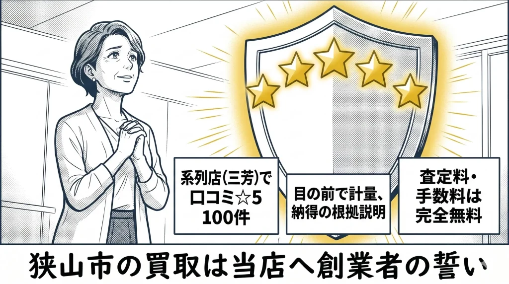 安心した表情の女性と5つの星がついた盾のイラストに系列店三芳で口コミ星5が100件、目の前で計量、納得の根拠説明、査定料や手数料は完全無料、狭山市の買取は当店へ創業者の誓いと書かれた画像