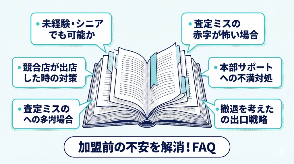 未経験での参加や競合への対策など加盟前の不安を解消するよくある質問と開かれた本のイラスト