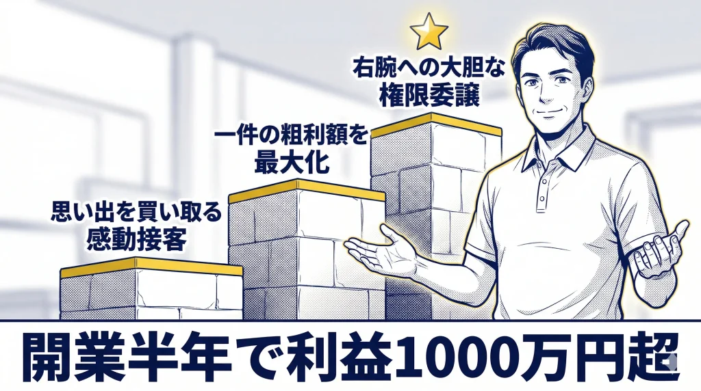 開業半年で1000万円以上の利益を出すためのポイントとして思い出を買い取る感動的な接客と1件ごとの利益を最大にすることと頼れる部下へ大胆に仕事を任せることを説明する男性のイラスト