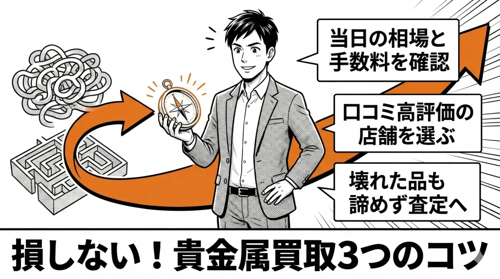 損しない!貴金属買取3つのコツ 当日の相場と手数料を確認 口コミ高評価の店舗を選ぶ 壊れた品も諦めず査定へ