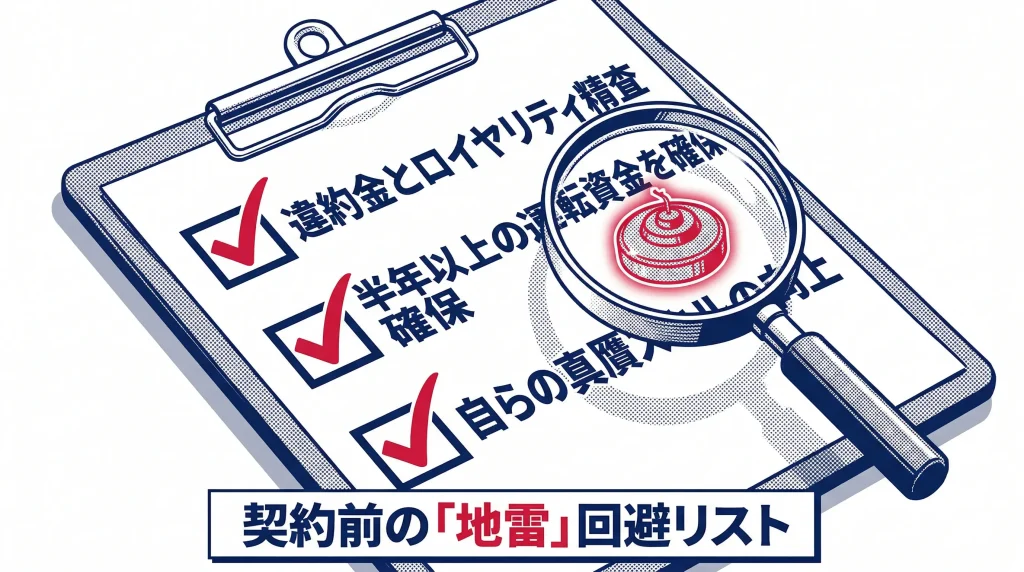 違約金や必要な資金などが書かれた契約前の地雷回避リストを虫眼鏡で確認しているイラスト