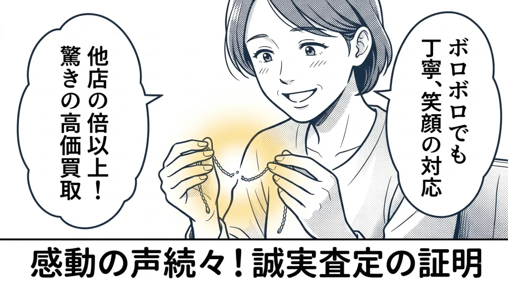 切れたネックレスを持つ笑顔の女性のイラスト ボロボロでも丁寧、笑顔の対応 他店の倍以上!驚きの高価買取 感動の声続々!誠実査定の証明