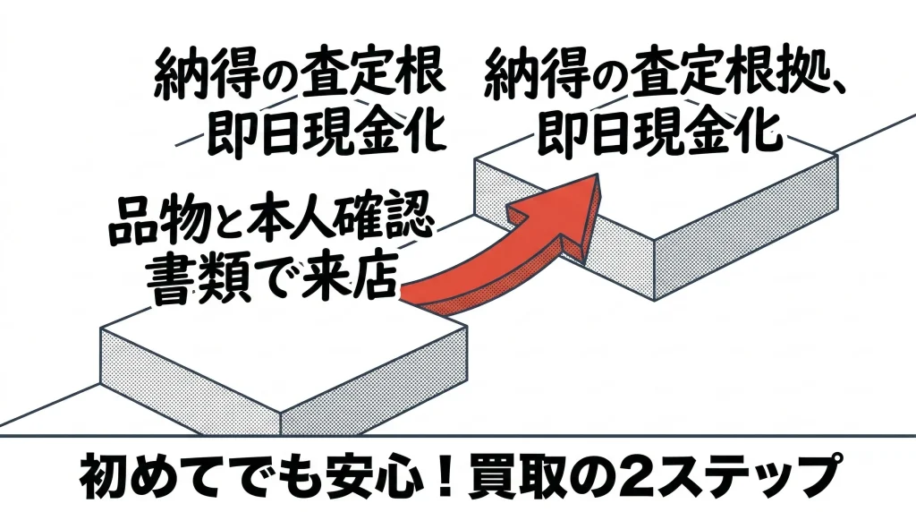 初めてでも安心な買取の2ステップとして品物と本人確認書類で来店から納得の査定根拠と即日現金化までの流れを示す図