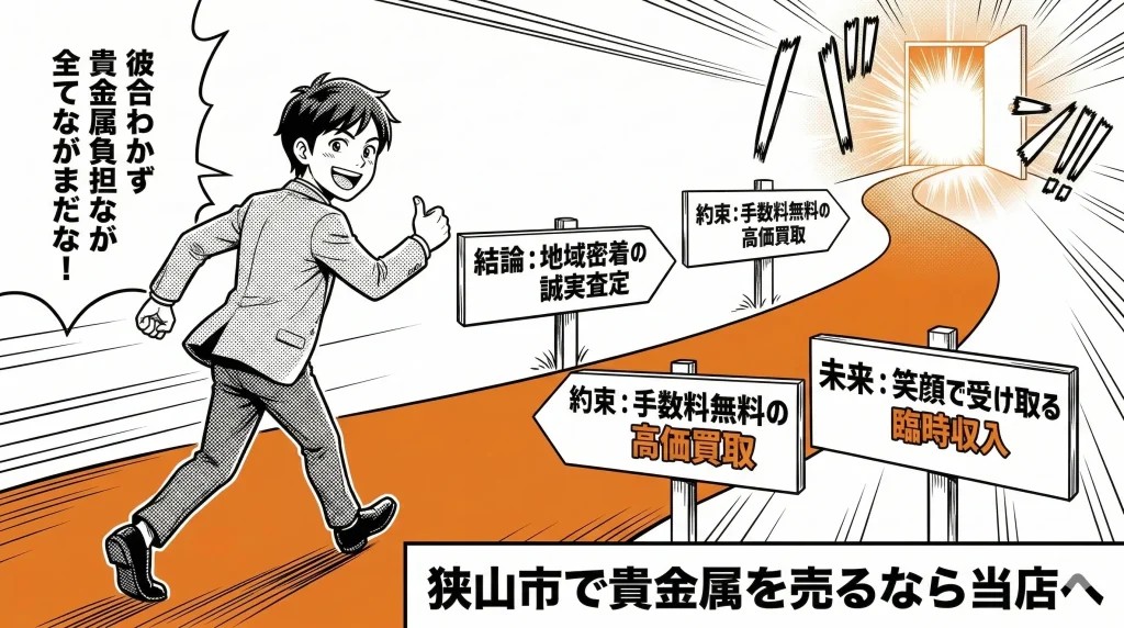 狭山市で貴金属を売るなら当店へという文字と地域密着の誠実査定や手数料無料の高価買取などの看板が並ぶ道を親指を立てて進む男性のイラスト