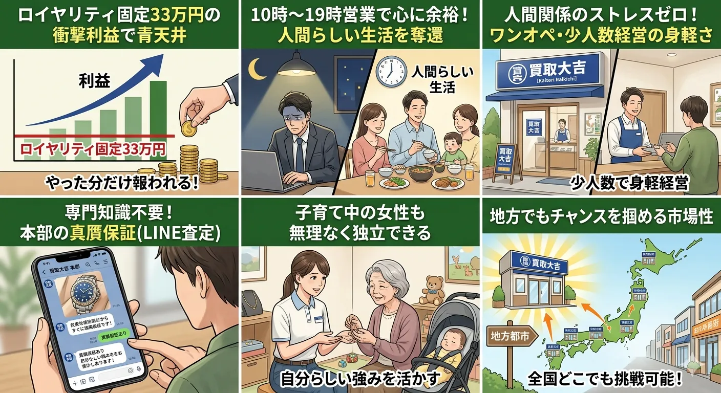 買取専門店買取大吉を開業する6つの利点である毎月の支払い額固定による高い利益や短い営業時間によるゆとりある生活や少人数経営の身軽さやスマートフォンのメッセージアプリを通じた本部の鑑定サポートによる専門知識不要や子育て中の女性の独立のしやすさや地方でも挑戦できる市場性を紹介したイラスト