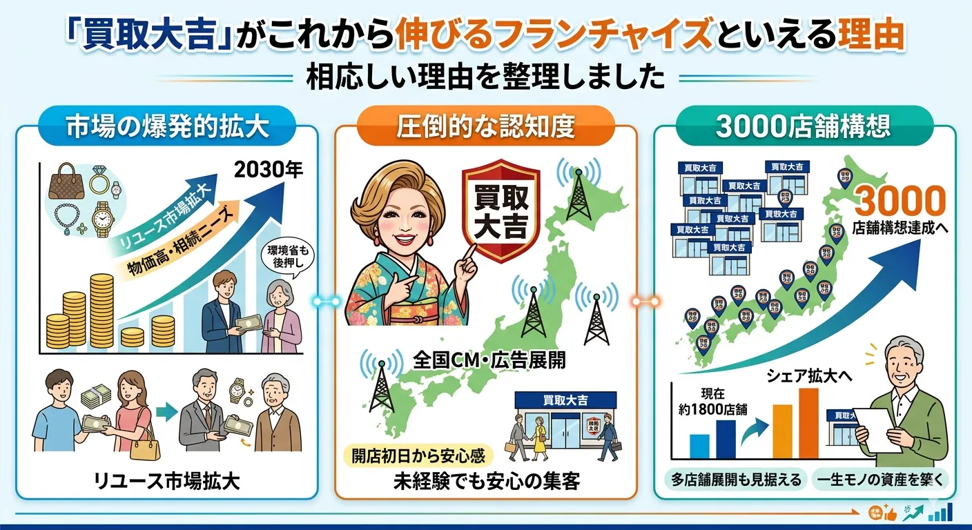 買取大吉がこれから伸びるフランチャイズといえる理由を市場の拡大と圧倒的な認知度と3000店舗構想の3つのポイントで整理した図
