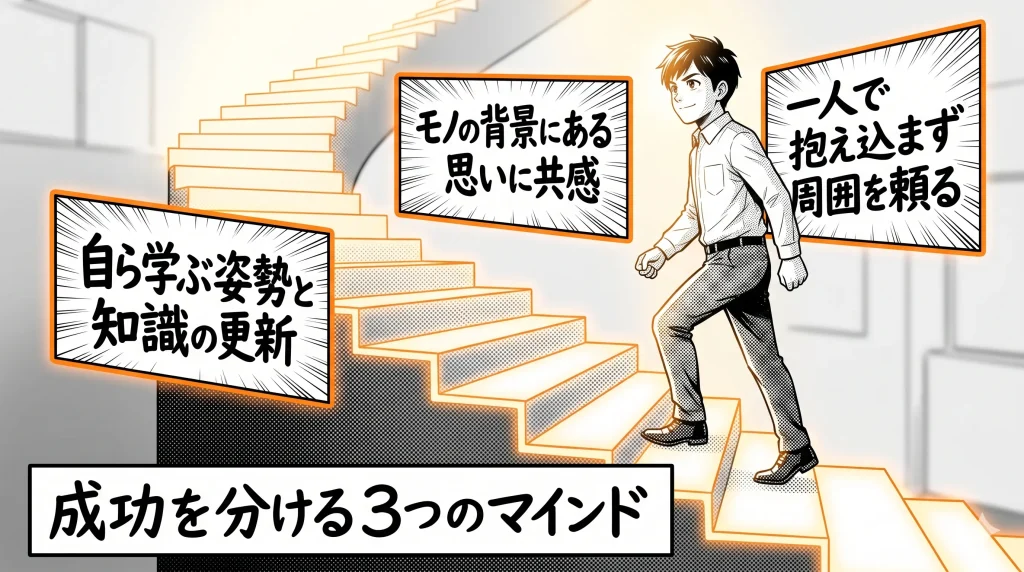 成功を分ける3つのマインドである自ら学ぶ姿勢と知識の更新、モノの背景にある思いに共感、一人で抱え込まず周囲を頼るという文字と光る階段を上る男性のイラスト