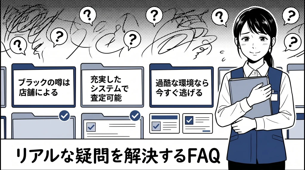 リアルな疑問を解決するFAQ 悩みを抱える女性スタッフとブラックの噂は店舗によるなどの具体的な回答が描かれたイラスト