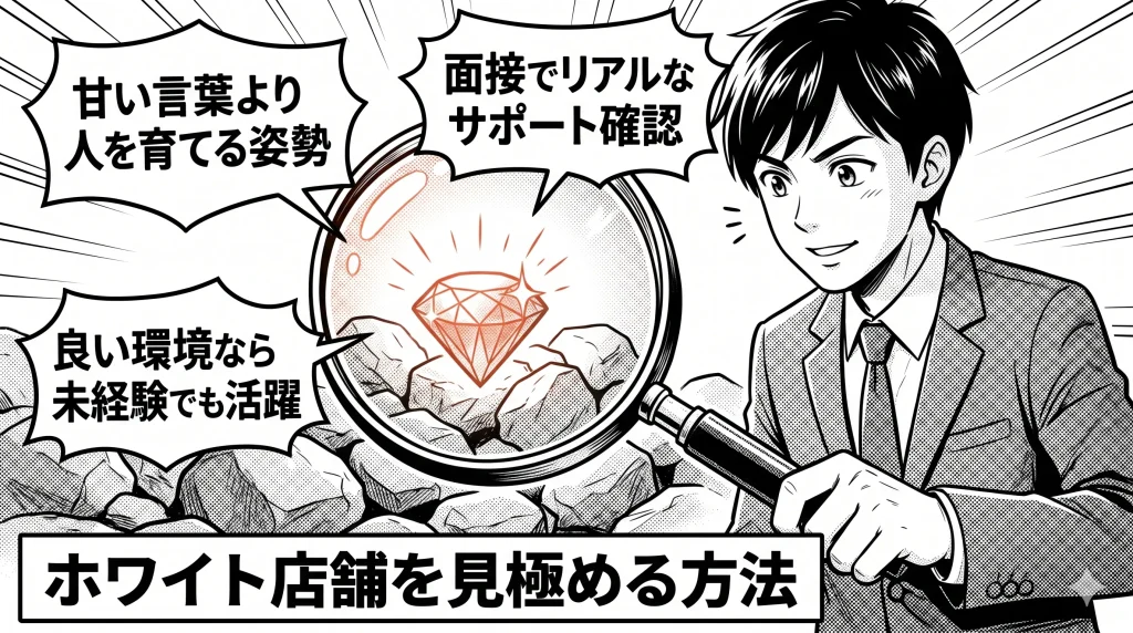 ホワイト店舗を見極める方法と書かれスーツ姿の男性が虫眼鏡で石の山から宝石を見つけており甘い言葉より人を育てる姿勢や面接でリアルなサポート確認や良い環境なら未経験でも活躍という吹き出しがあるイラスト