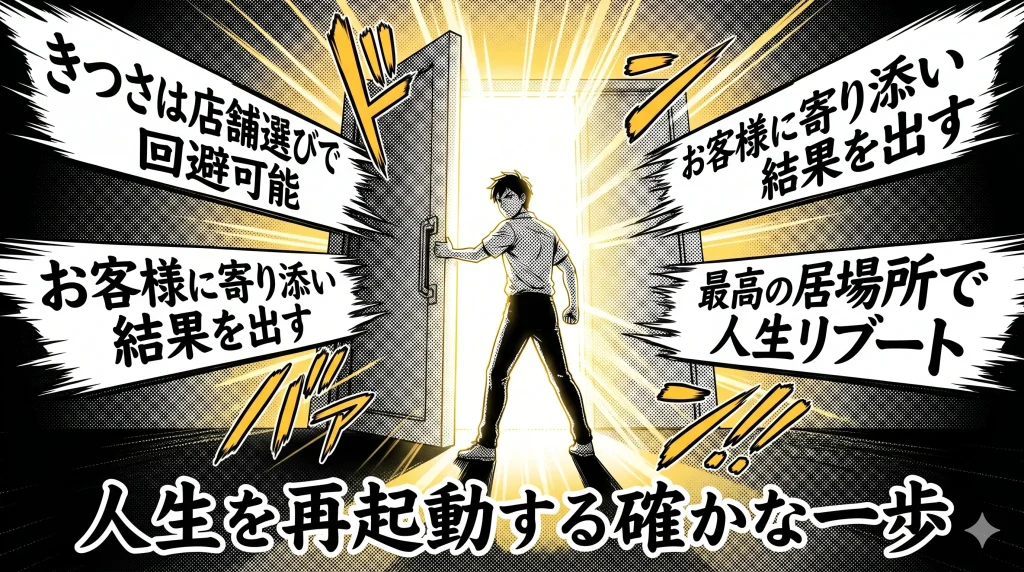 人生を再起動する確かな一歩 きつさは店舗選びで回避可能 お客様に寄り添い結果を出す 最高の居場所で人生をやり直す と書かれ光り輝く扉を開ける男性の漫画風イラスト