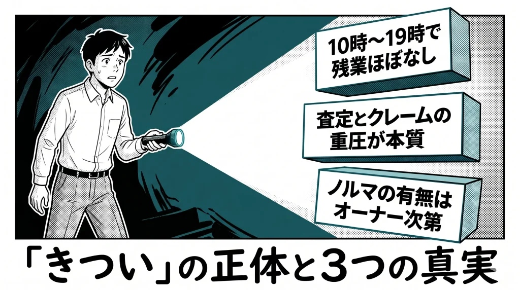 きついの正体と3つの真実 10時から19時で残業ほぼなし 査定とクレームの重圧が本質 ノルマの有無はオーナー次第という文字を暗闇の中で懐中電灯を使って照らし出す男性のイラスト