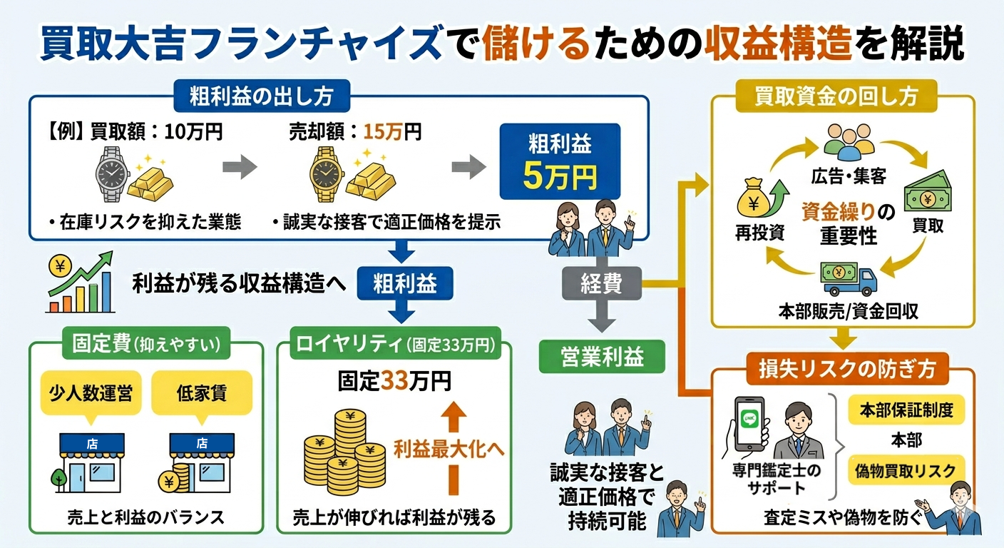 買取大吉フランチャイズで儲かる収益構造のイラスト