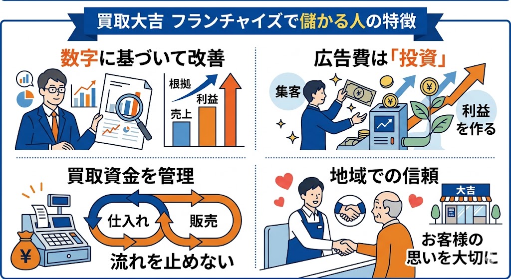 買取大吉で儲かる人の特徴を書いたイラスト
