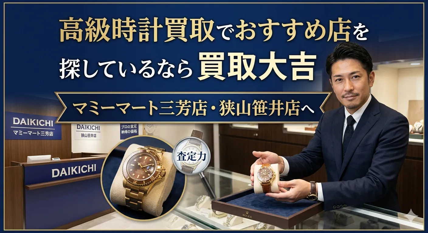 高級時計買取でお勧めの店を探しているなら買取大吉マミーマート三芳店・狭山笹井店へというイラスト