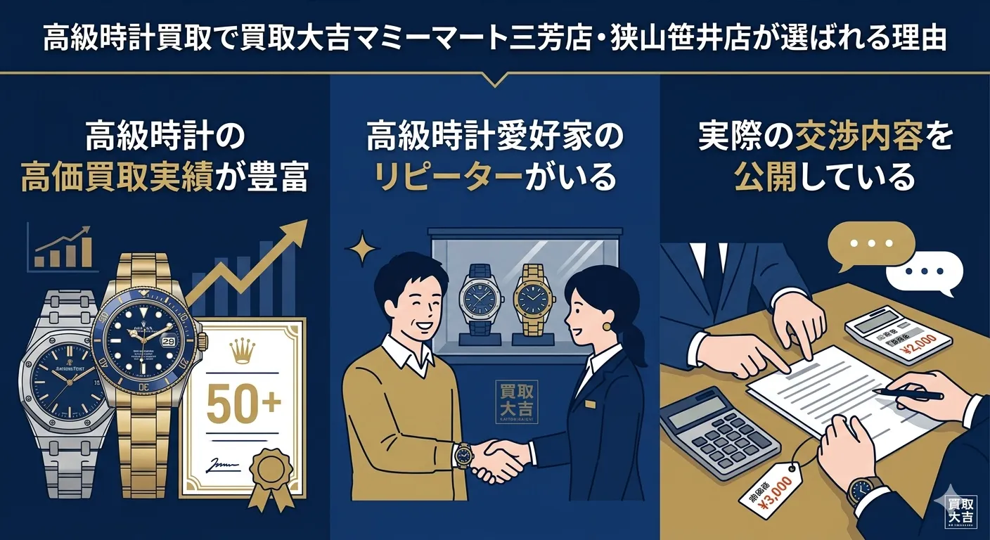 高級時計買取で買取大吉マミーマート三芳店・狭山笹井店が選ばれる理由のイラスト
