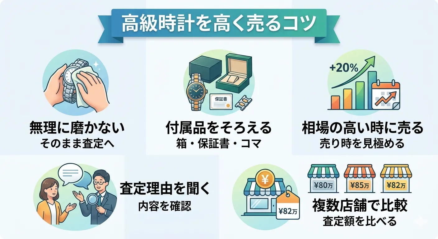 高級時計を高く売るコツのイラスト