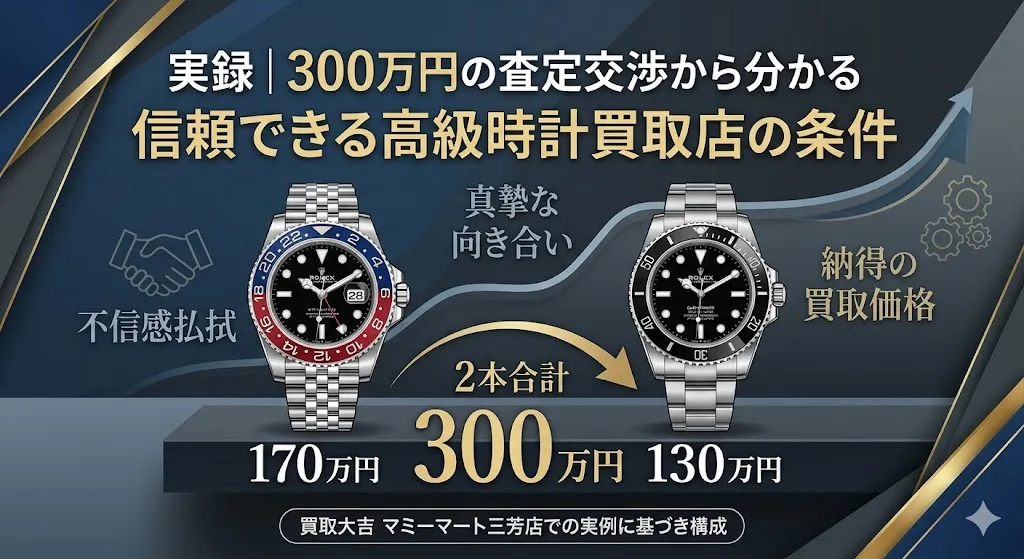 ロレックスGMTマスターⅡとサブマリーナ―が日本で300万円の買取金額になった実例のイラスト