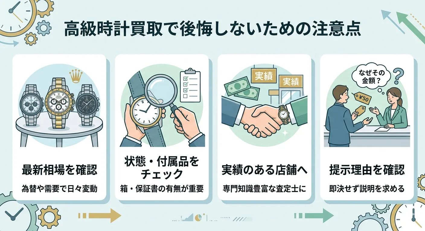 高級時計買取で後悔しないための注意点のイラスト