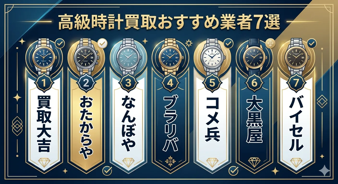 高級時計買取業者のお勧め7社が書いてあるイラスト
